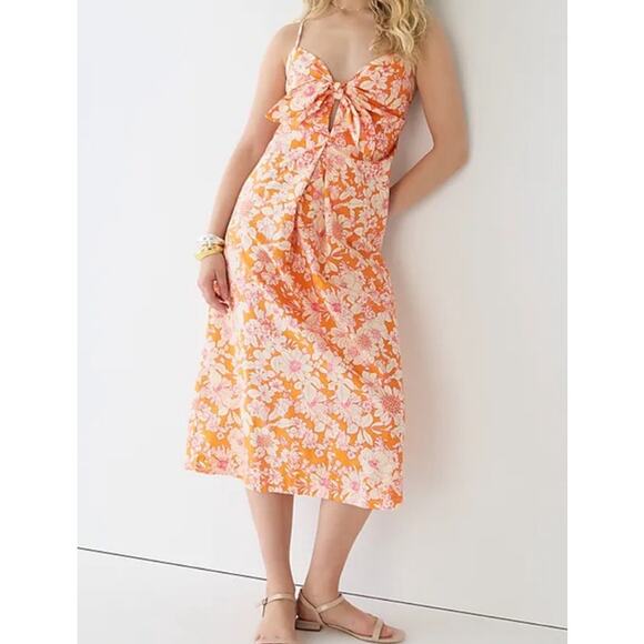 J Crew Tie-Front Cotton Poplin Midi Dress in Orange Floral Women's L NEW - Picture 1 of 8